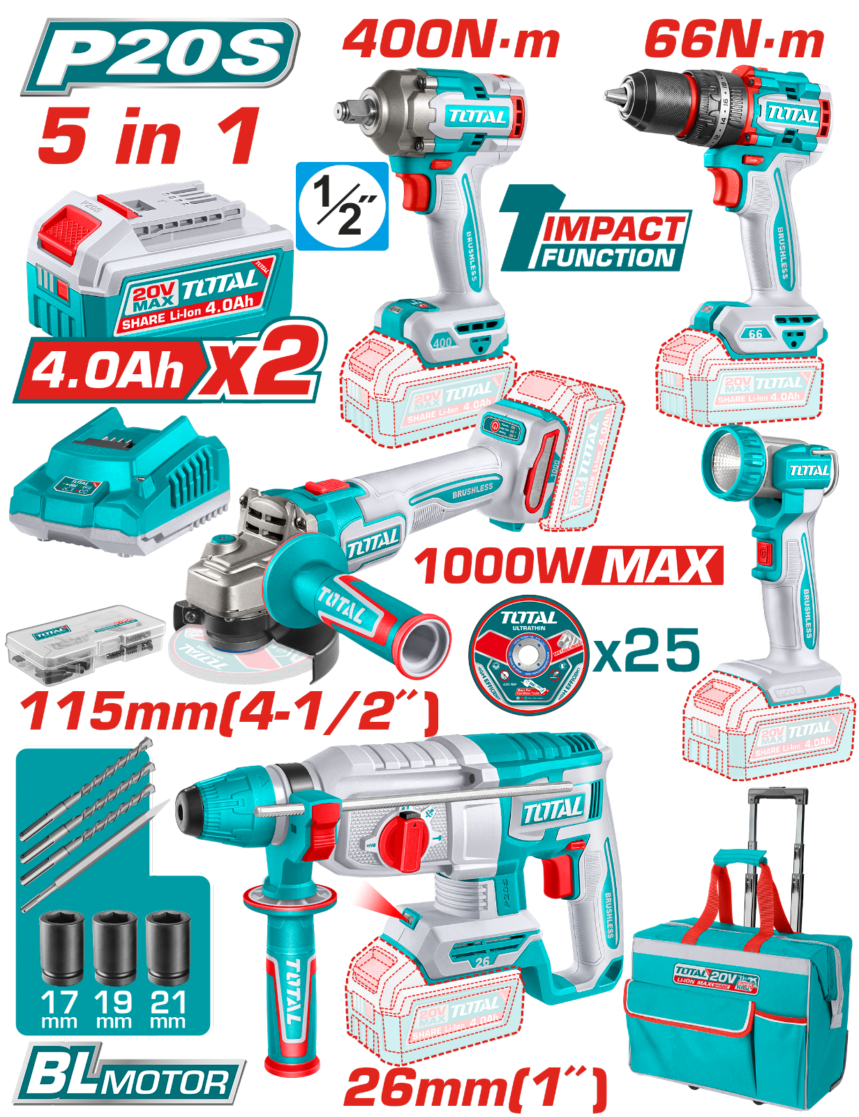Total 5 Pcs Cordless Industrial Combo Kit 20V TCKLI20592