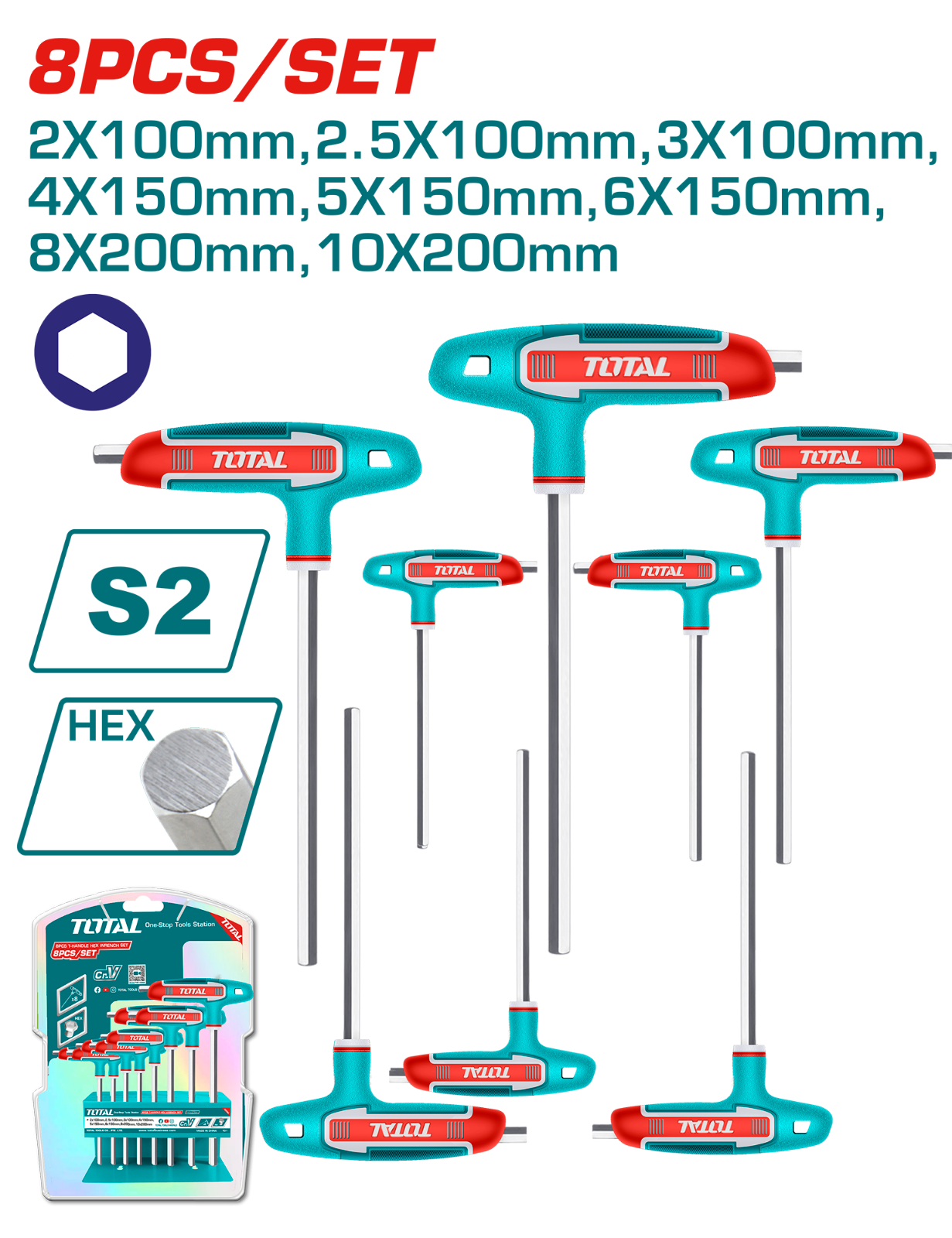 Total 8 Pcs T-handle Hex Wrench Set THHW80816