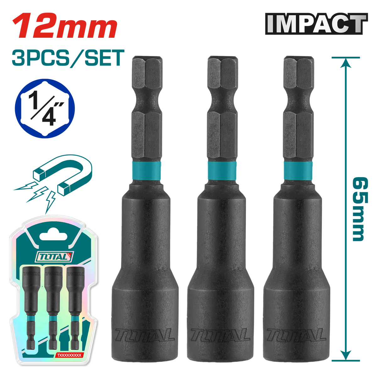 Total 3 Pcs Impact Magnetic Nut Set 12mm (TAC271231)