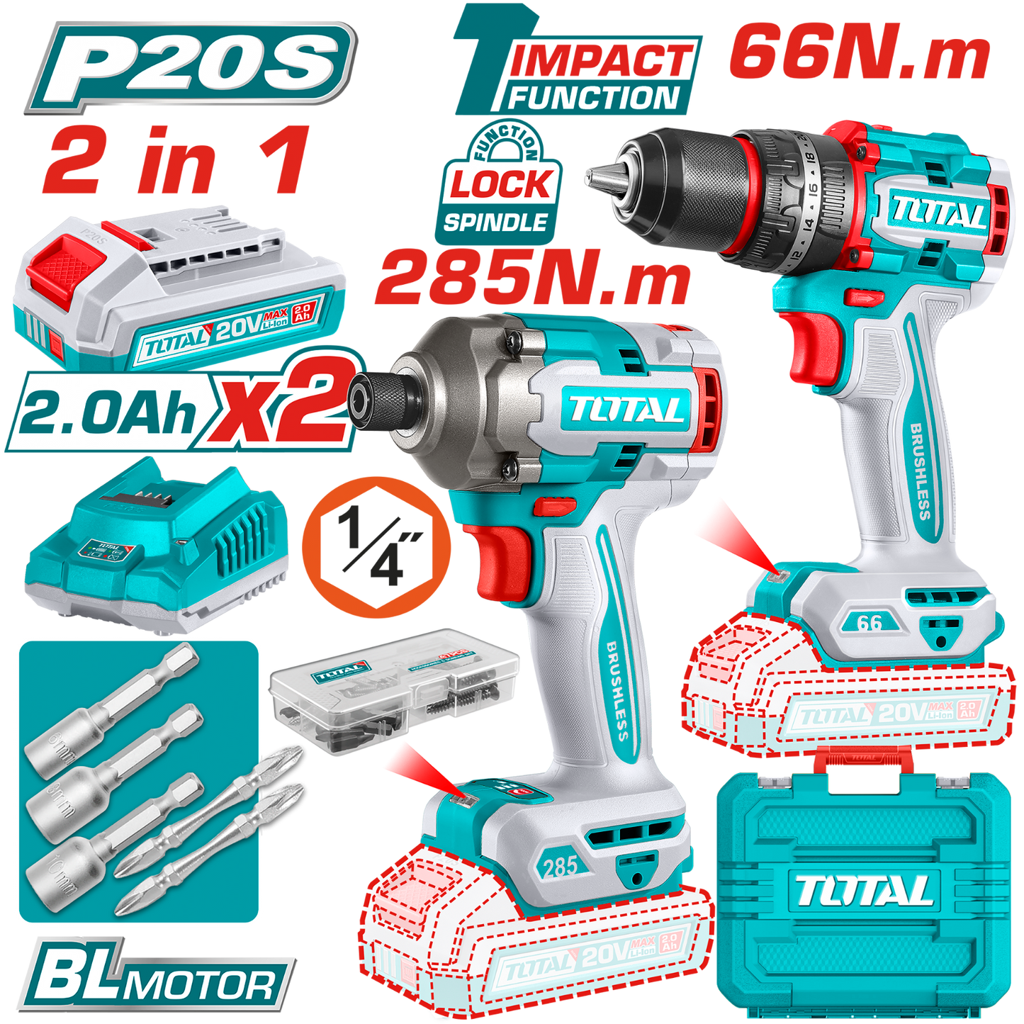 Total Cordless 2 Pcs Combo Kit Impact Driver TCKLI20277