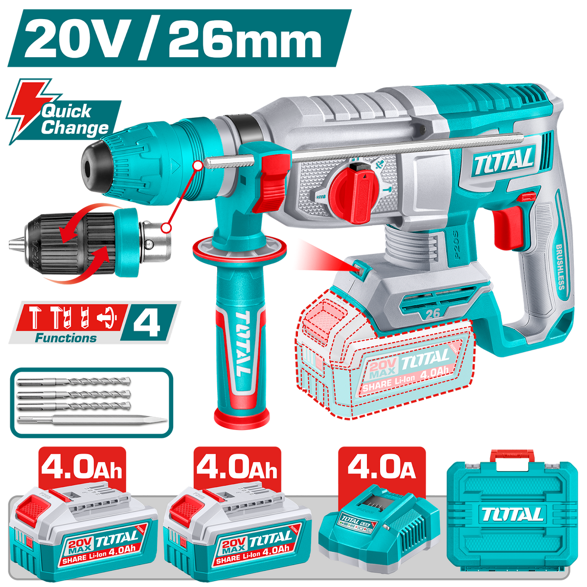 Total Cordless Rotary Hammer 20V (TRHLI202689)