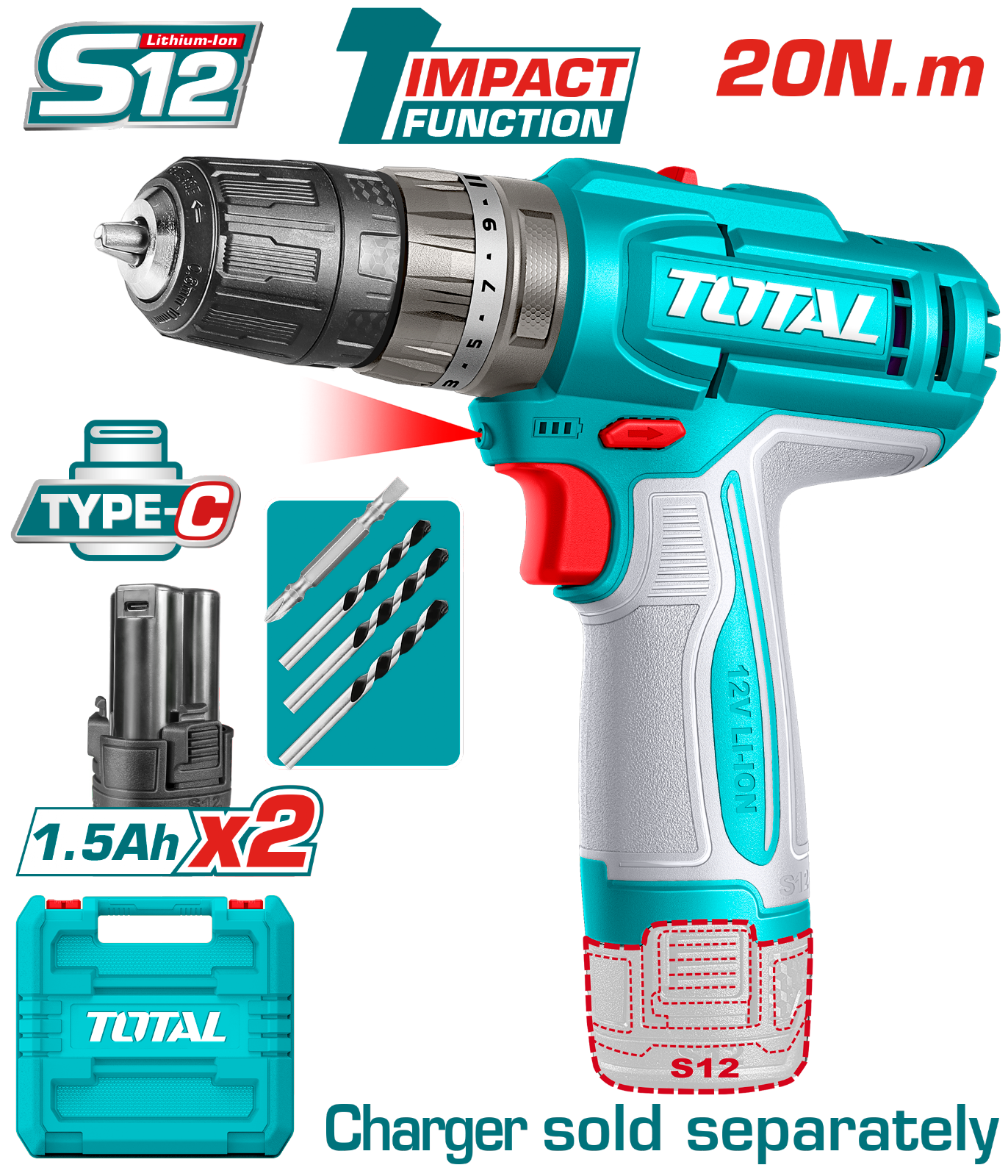 Total Cordless Impact Drill 12V TIDLI12206