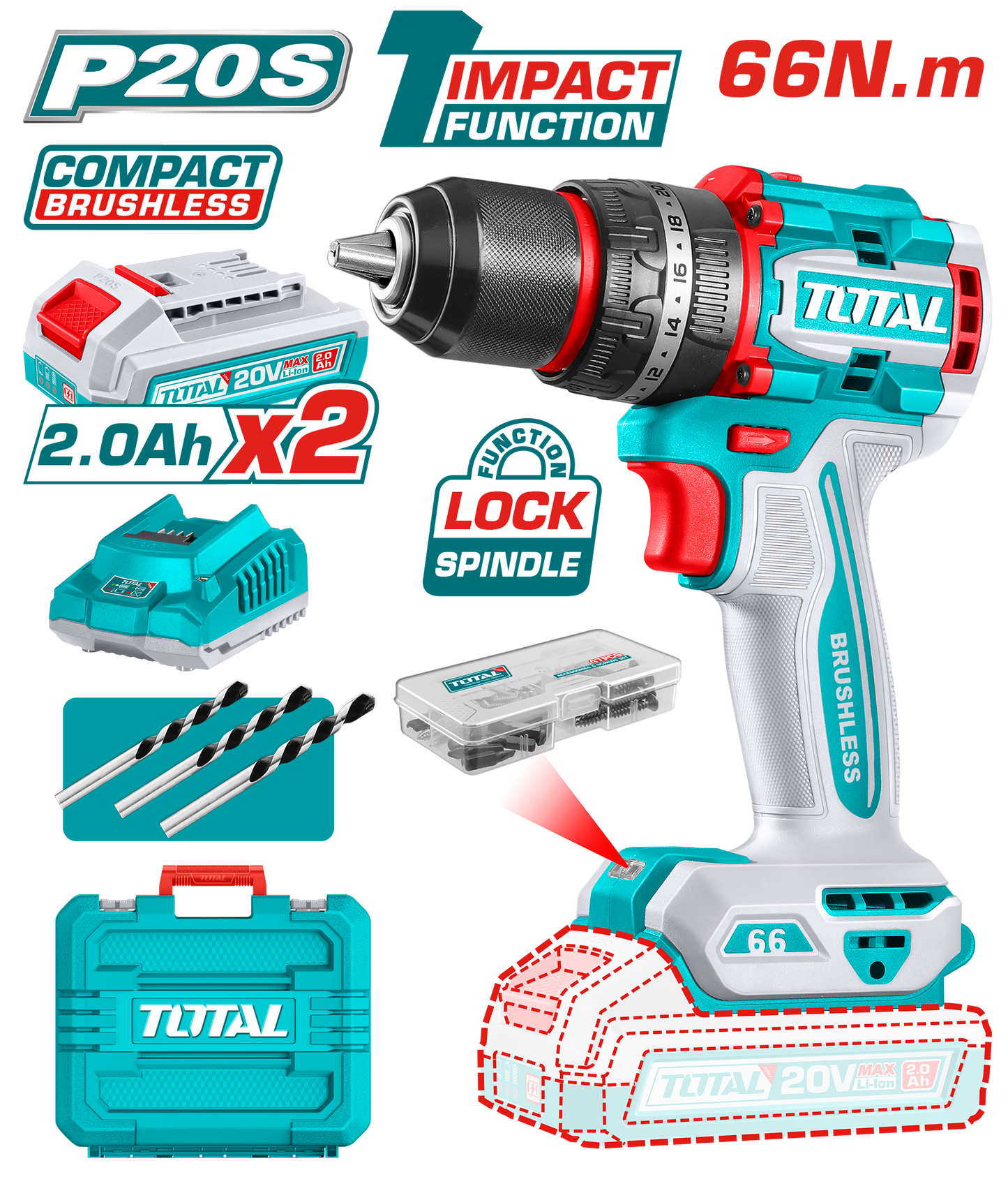 TOTAL Compact Brushless Cordless Impact Drill - TIDLI20668