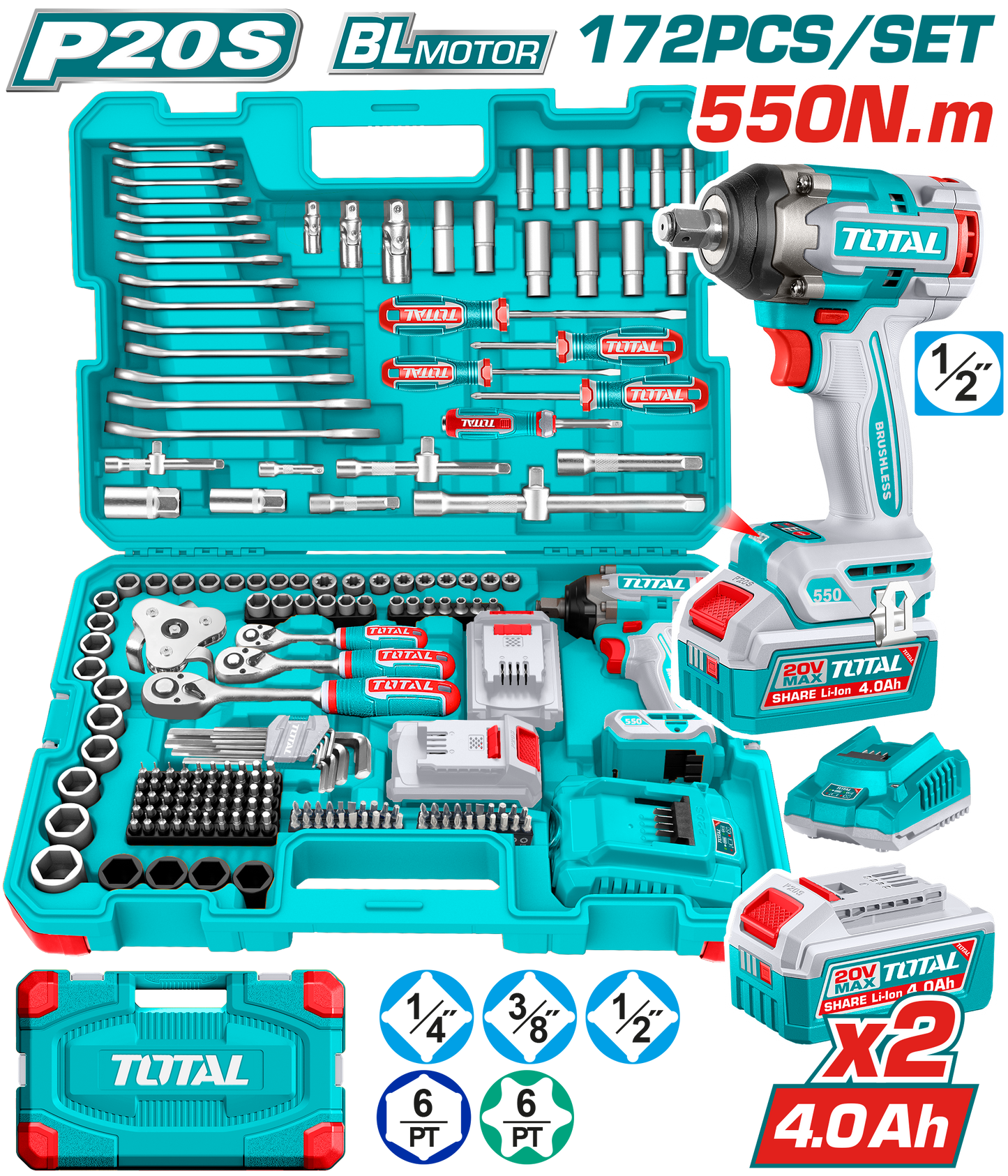 Total 172 Pcs Cordless Impact Wrench Tools Set THKTHP41728