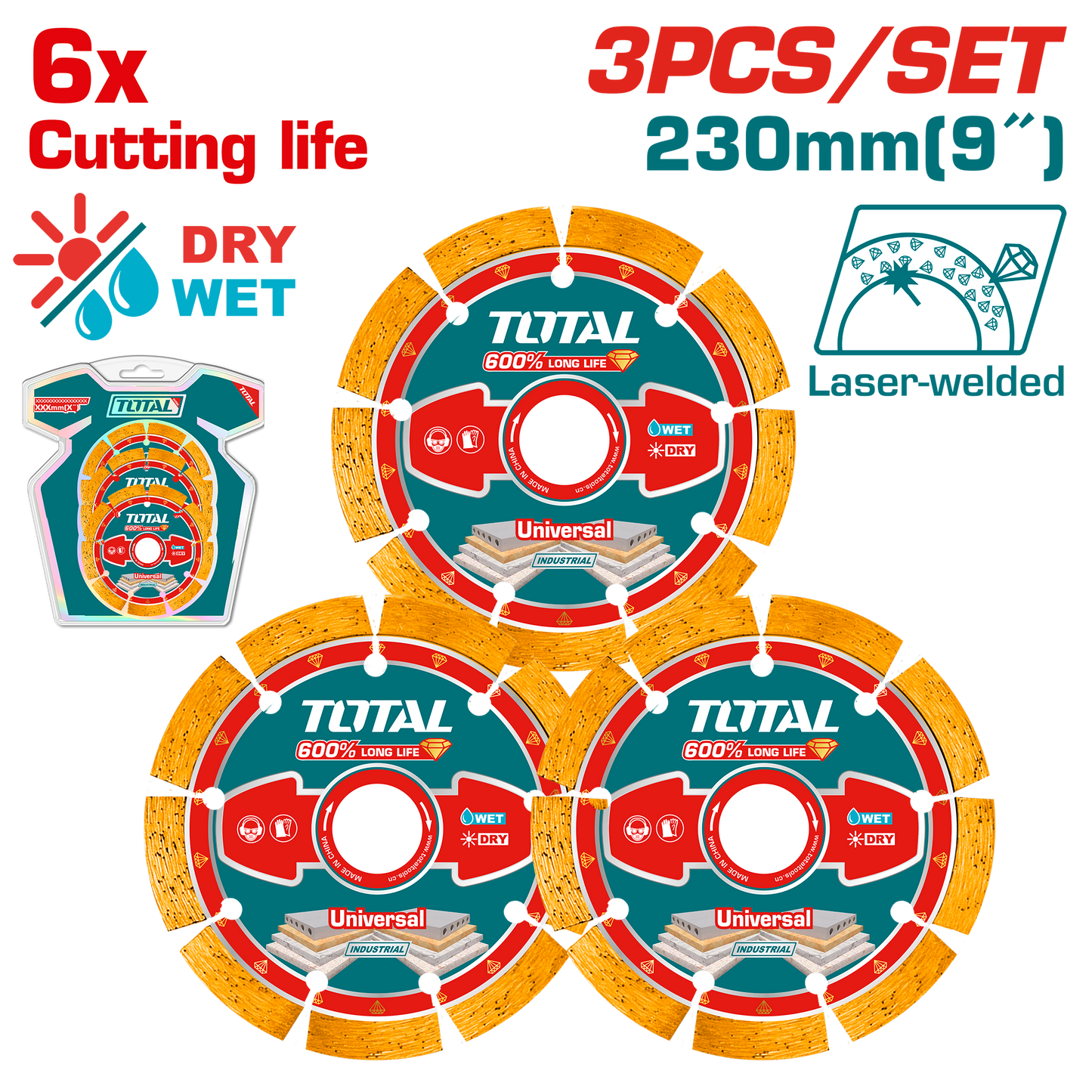 Total 3 Pcs Laser Welded Diamond Cutting Disc 230mm TAC2179033