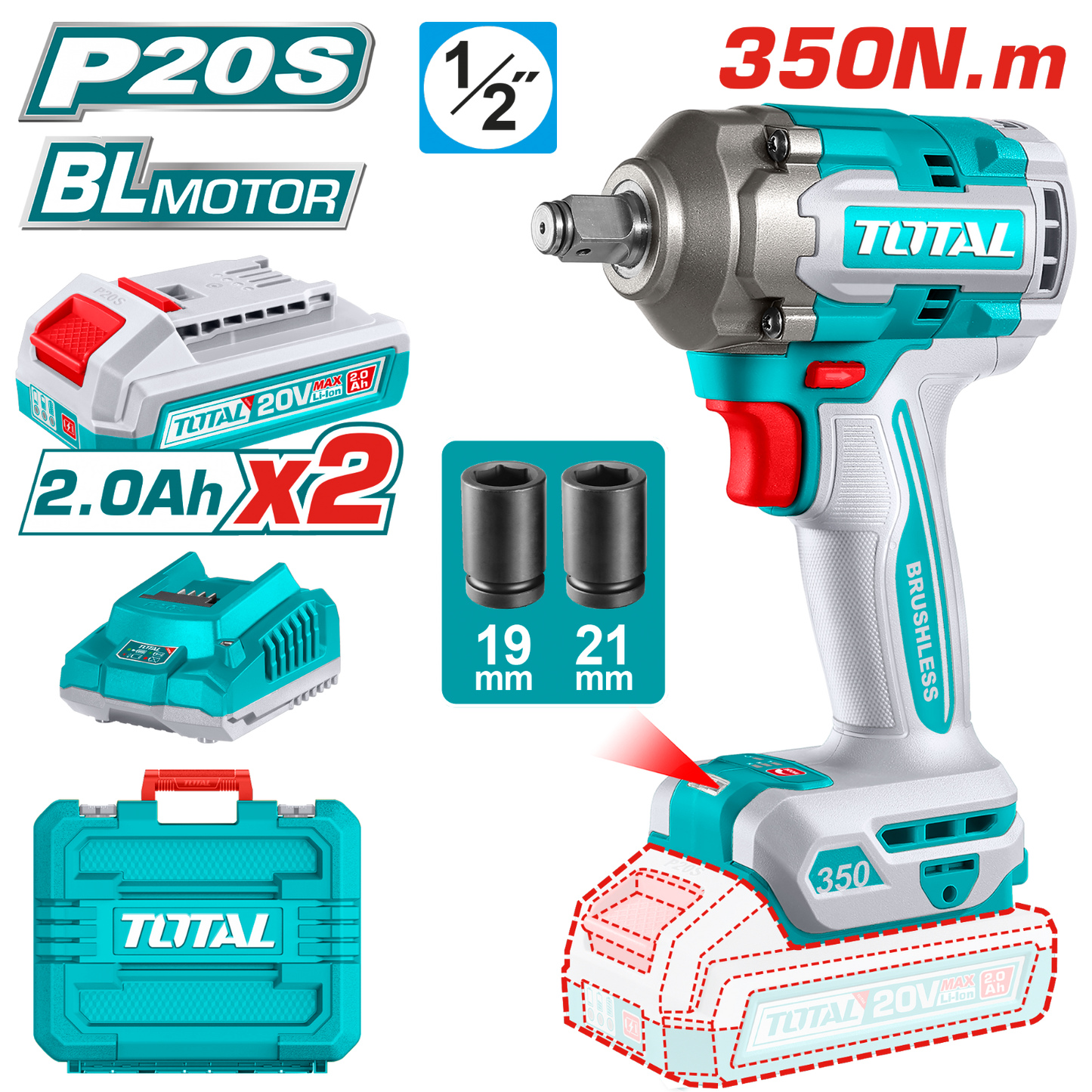 Total Cordless Impact Wrench 20V 1/2 inch 350Nm TIWLI2035