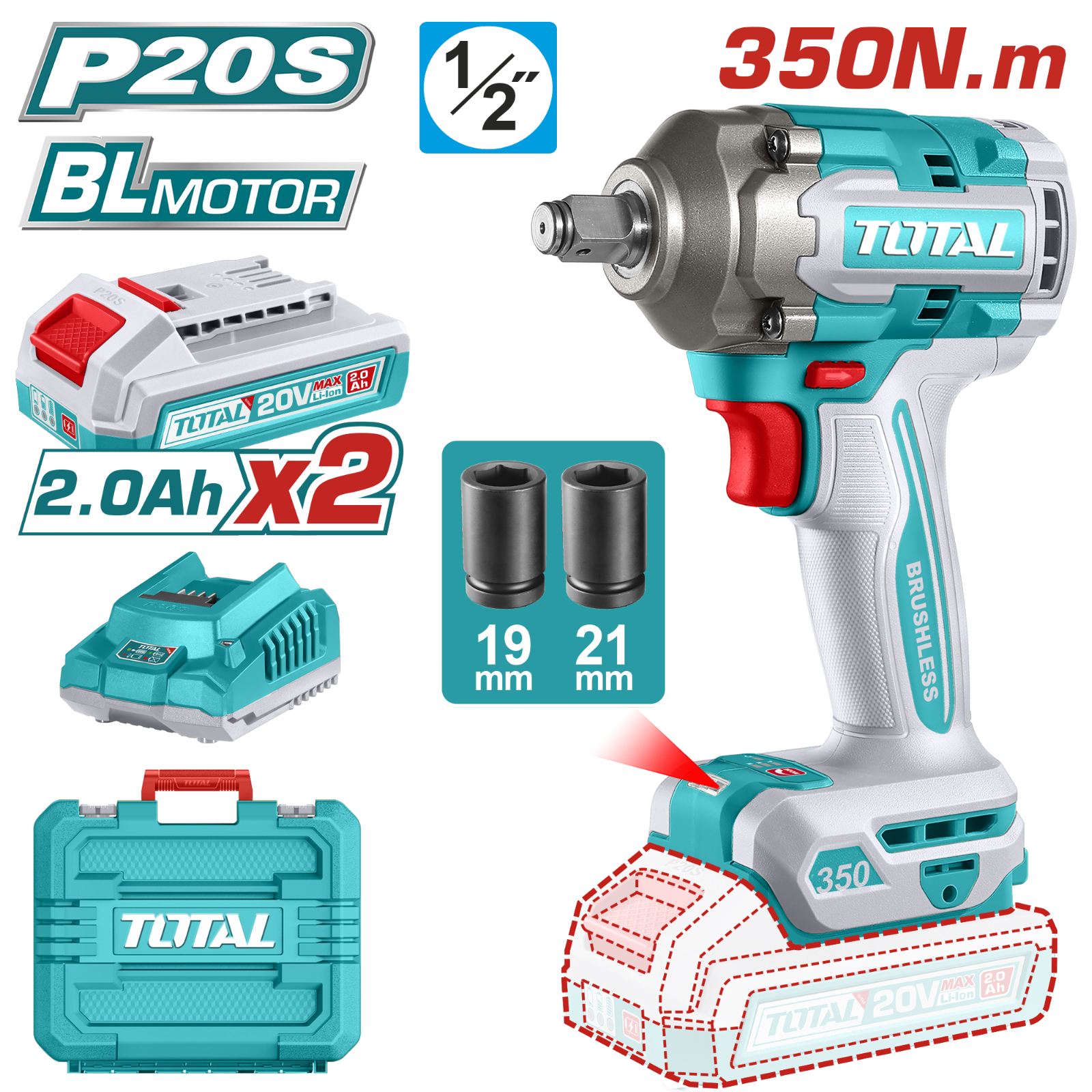 Total Cordless Impact Wrench 20V 1/2 inch 350Nm TIWLI2035