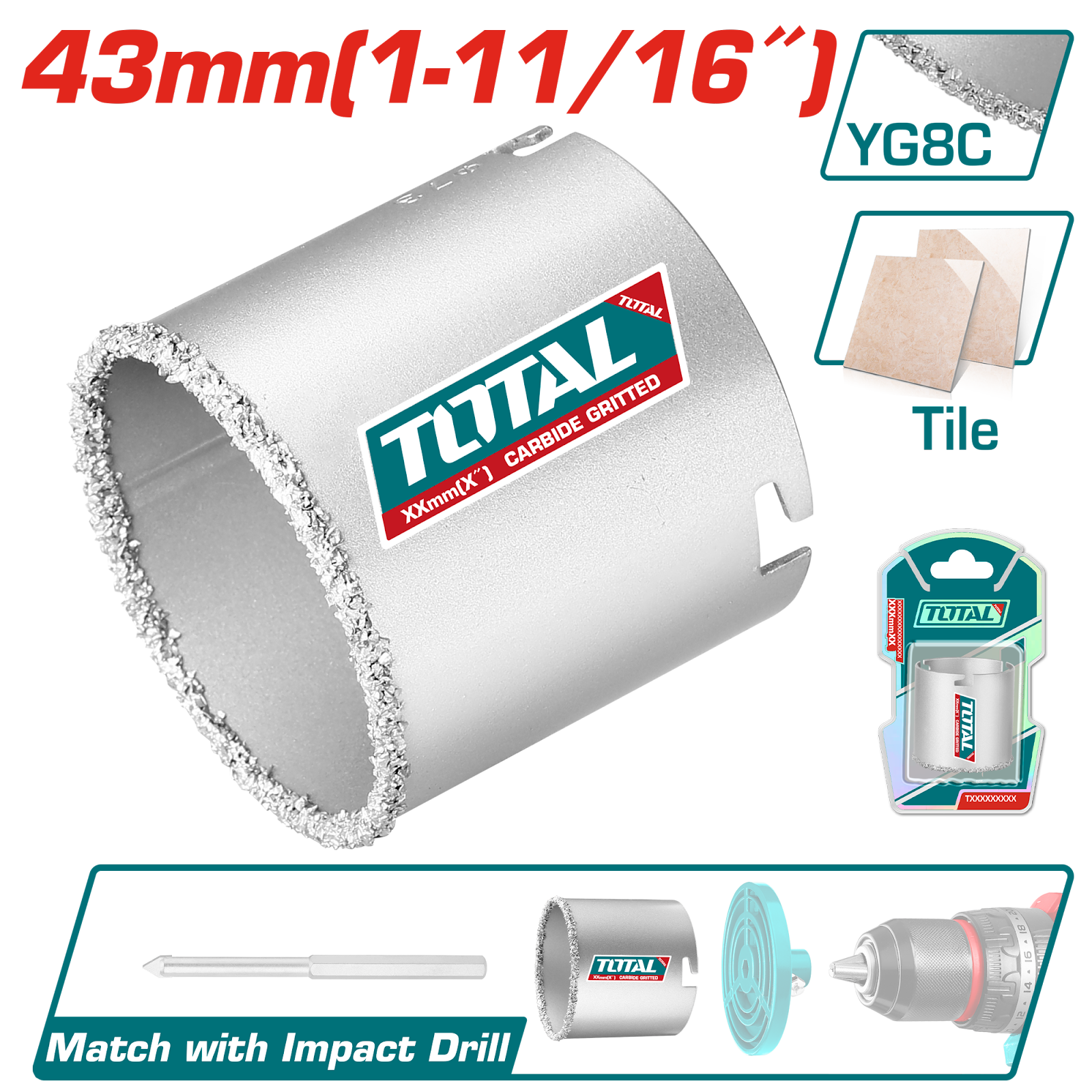 Total Carbide Gritted Hole Saw 43mm TAC440431
