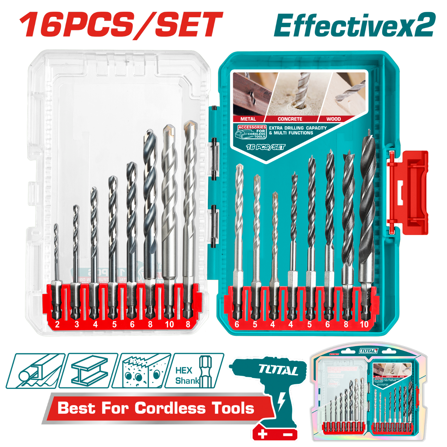 Total 16 Pcs Metal Masonry and Wood Drill Bits Set TACSDL11608