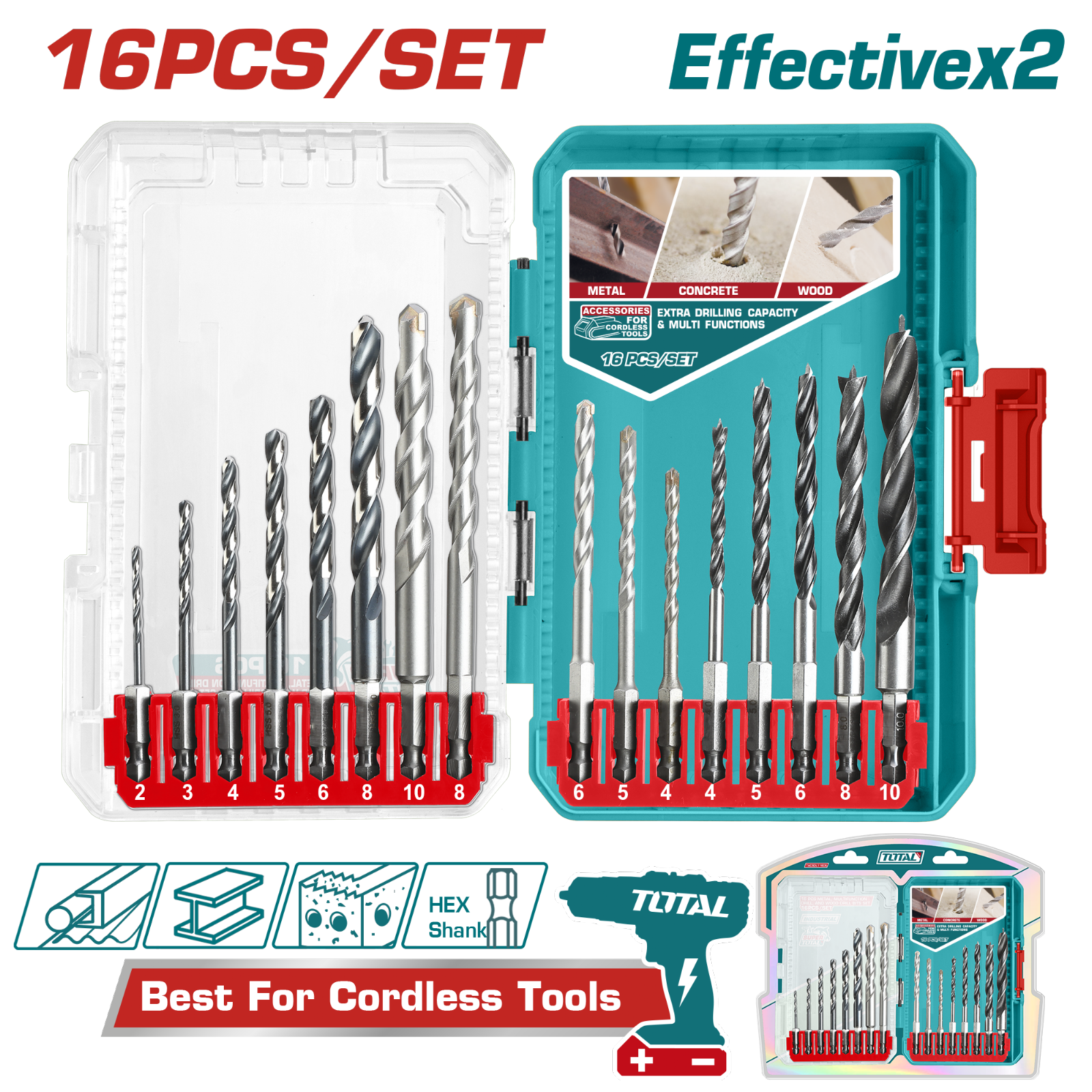 Total 16 Pcs Metal Masonry and Wood Drill Bits Set TACSDL11608