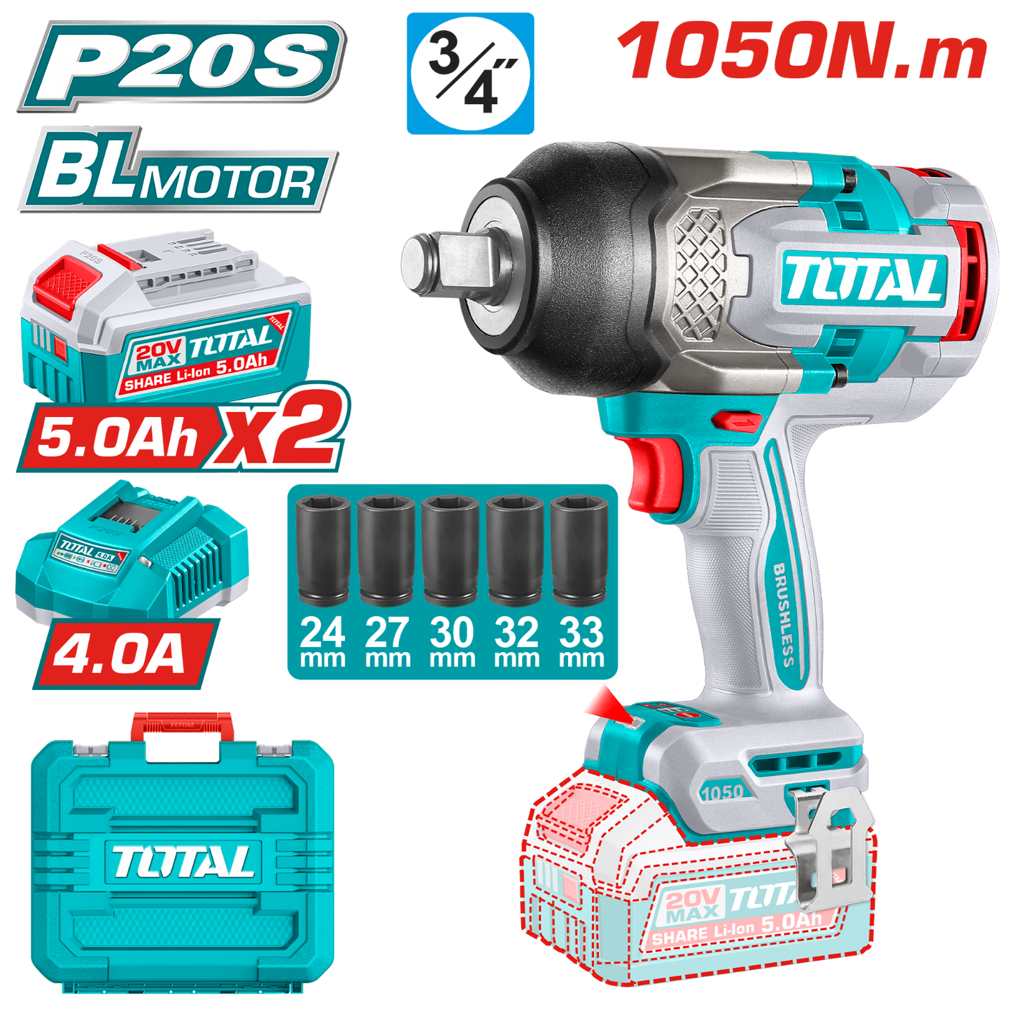 Total Cordless Impact Wrench 20V 3/4 inch TIWLI20105