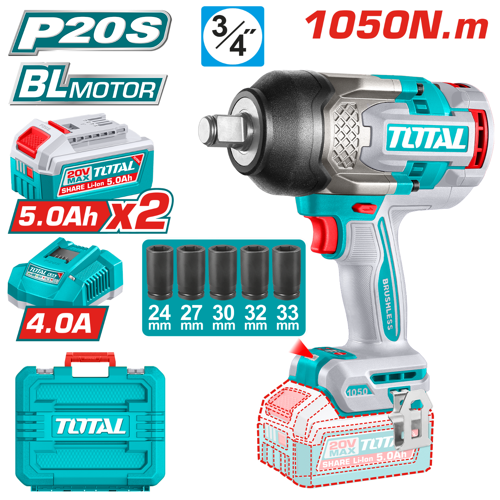 Total Cordless Impact Wrench 20V 3/4 inch TIWLI20105