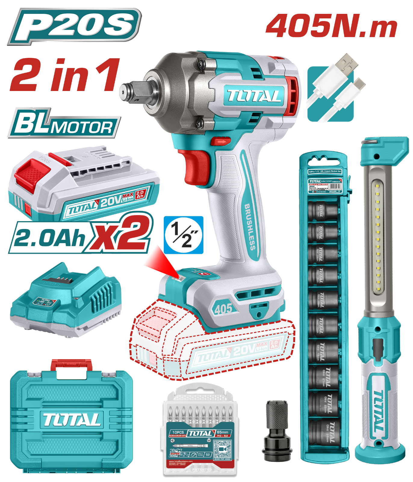Total 2 Pcs Cordless Impact Wrench Combo Kit TOSLI23056