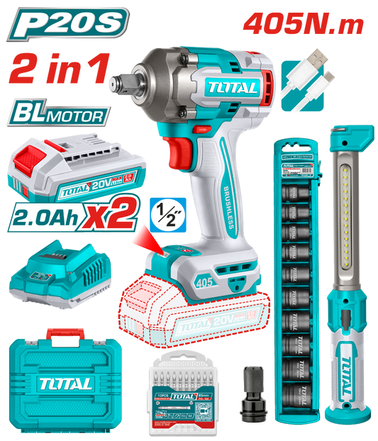Total 2 Pcs Cordless Impact Wrench Combo Kit TOSLI23056
