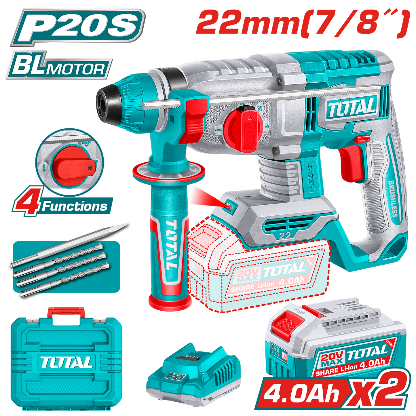 Total Cordless Rotary Hammer 20V 2.0J TRHLI212282