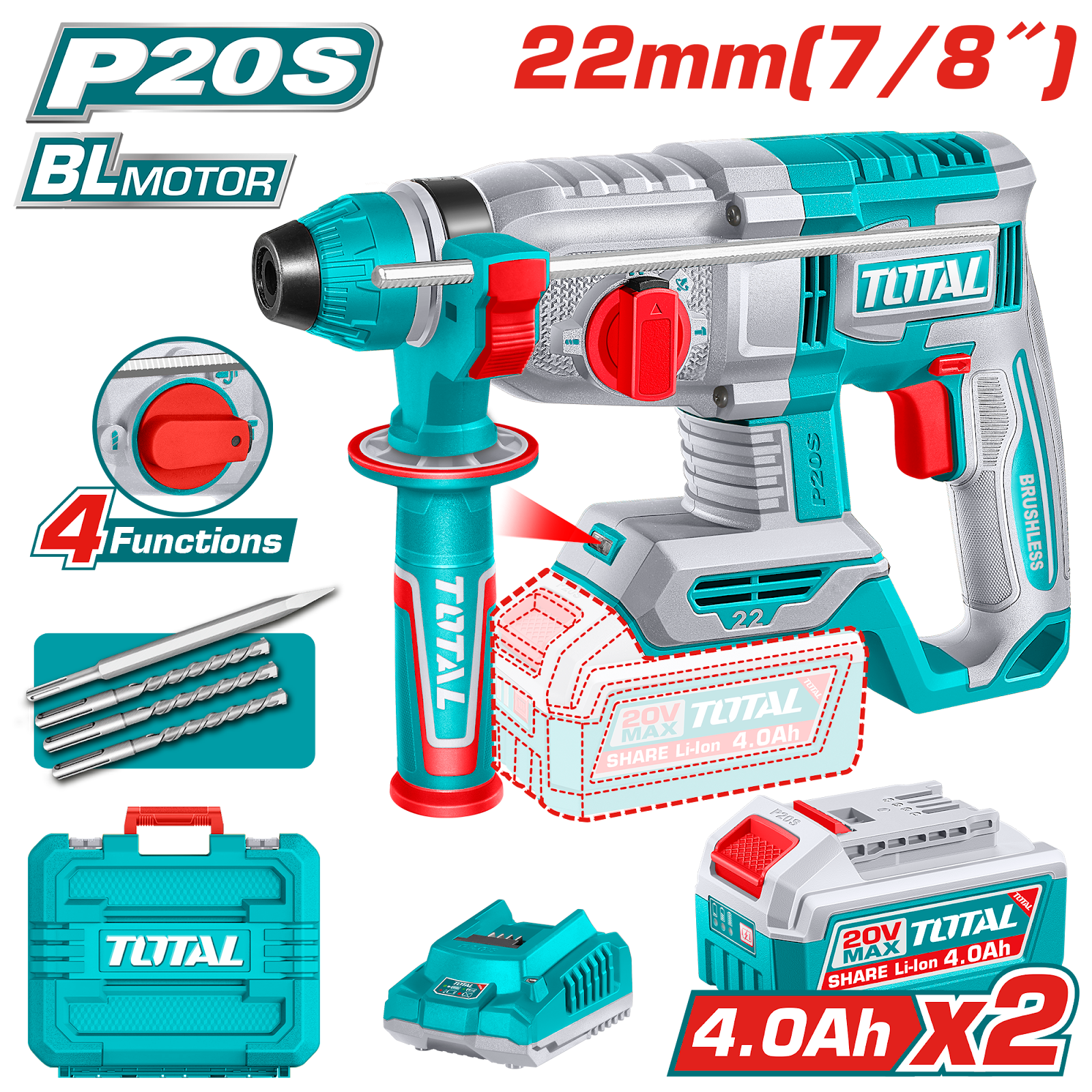 Total Cordless Rotary Hammer 20V 2.0J TRHLI212282
