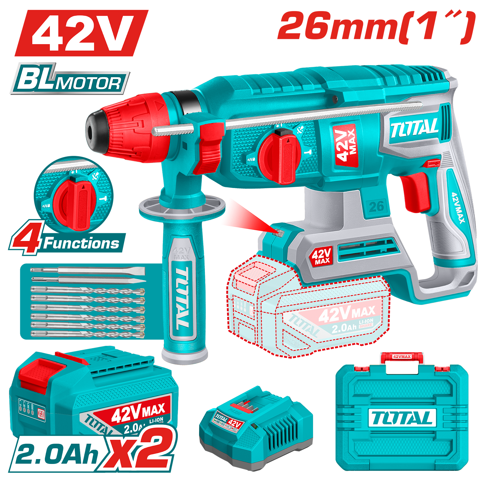 Total Cordless Rotary Hammer 42V 2.5J TRHLI422682