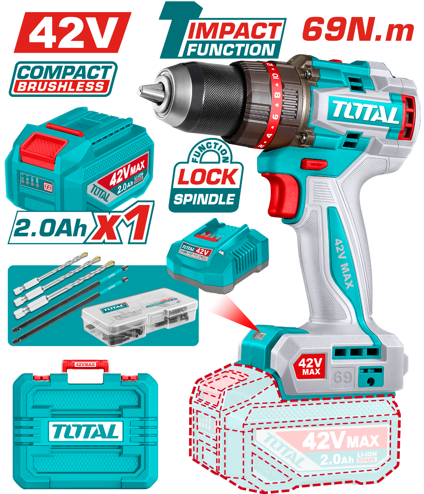 Total Compact Brushless Cordless Impact Drill 42V TIDLI426981