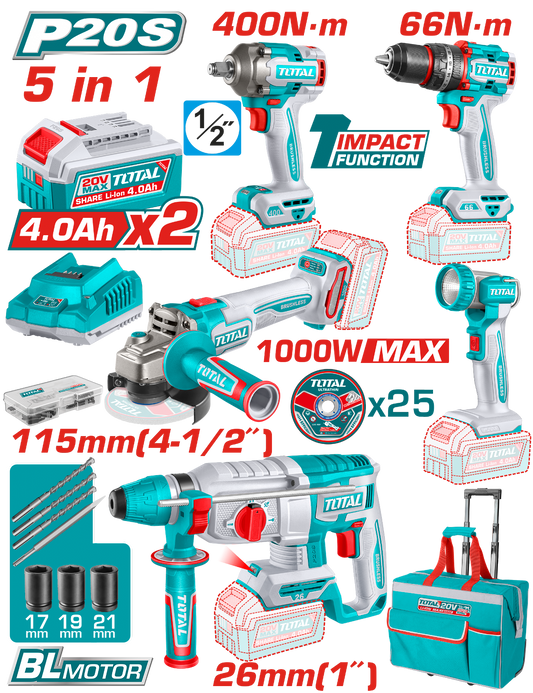 Total 5 Pcs Cordless Industrial Combo Kit 20V TCKLI20592