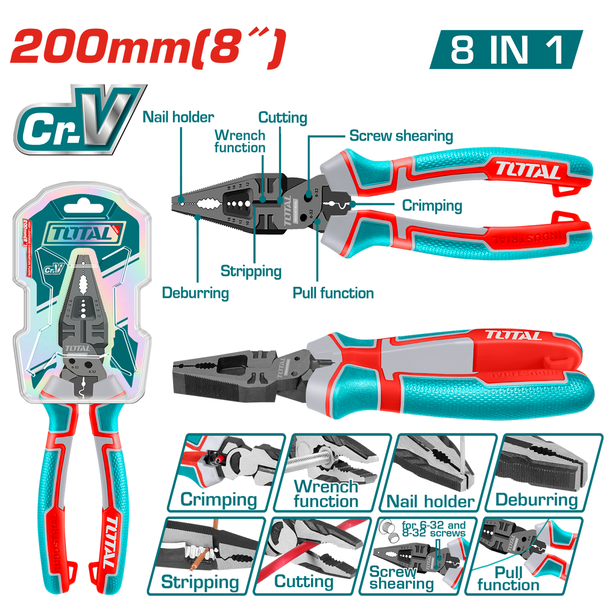 Total 8-in-1 Multi-Function Combination Pliers 8 inch (THTMF186)