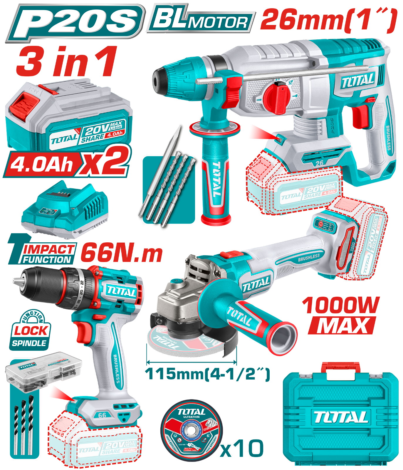 Total Cordless 3 Pcs Combo Kit 20V TOSLI241198