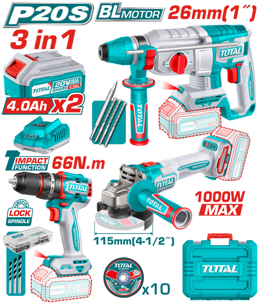 Total Cordless 3 Pcs Combo Kit 20V TOSLI241198