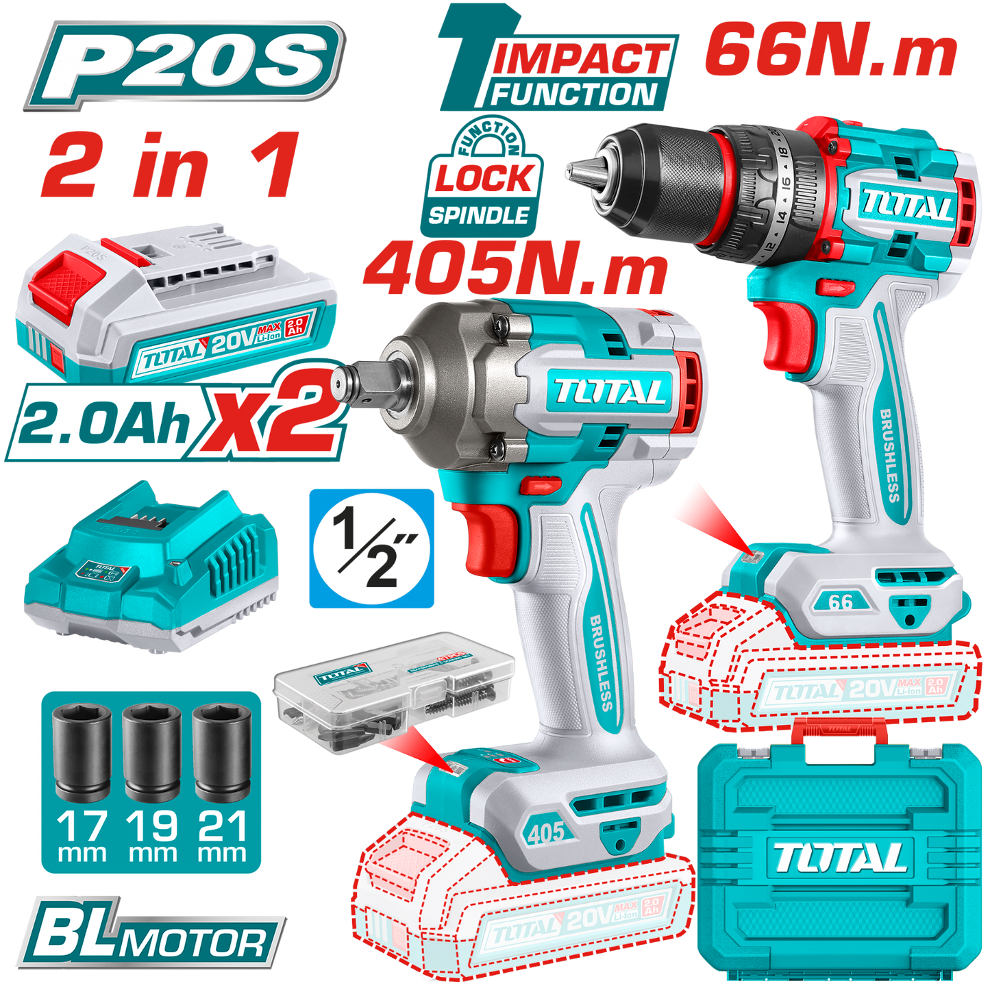 Total Cordless 2 Pcs Combo Kit Impact Wrench TCKLI20286