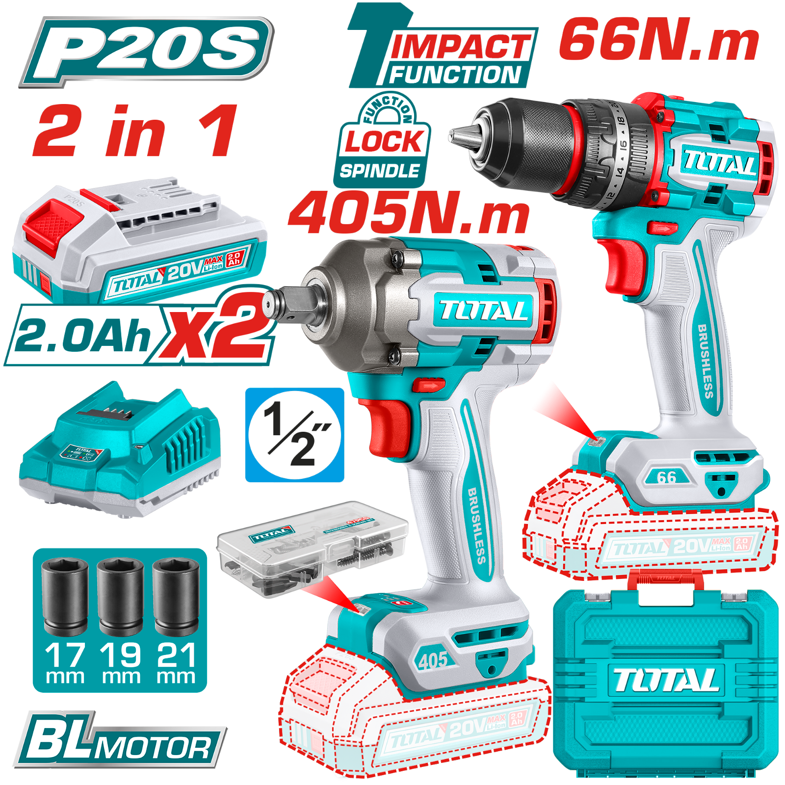 Total Cordless 2 Pcs Combo Kit Impact Wrench TCKLI20286