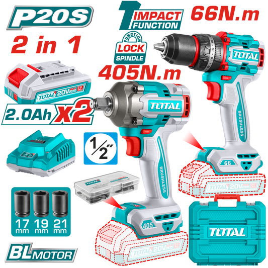Total Cordless 2 Pcs Combo Kit Impact Wrench TCKLI20286