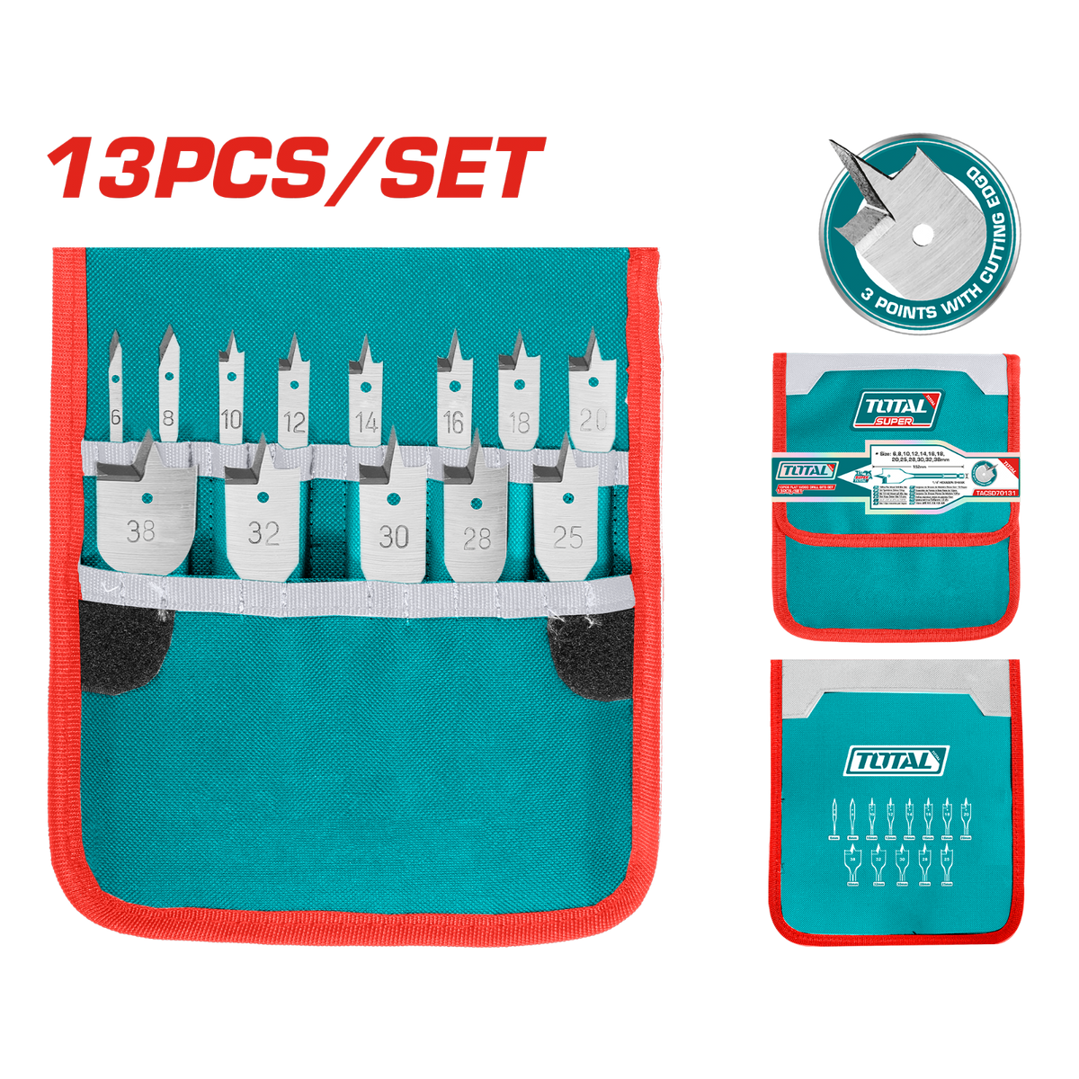 Total 13 Pcs Flat Wood Drill Bits Set TACSD70131