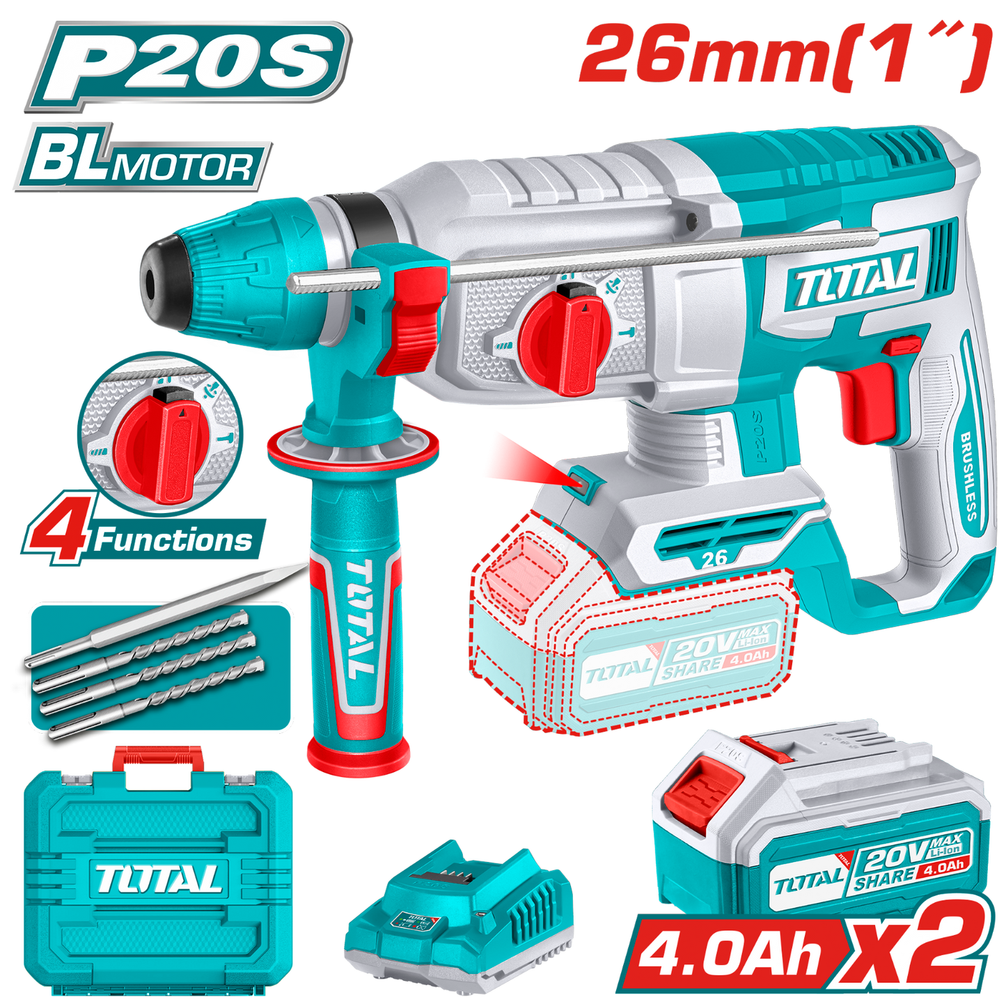 Total Cordless Rotary Hammer 20V 2.5J TRHLI202682