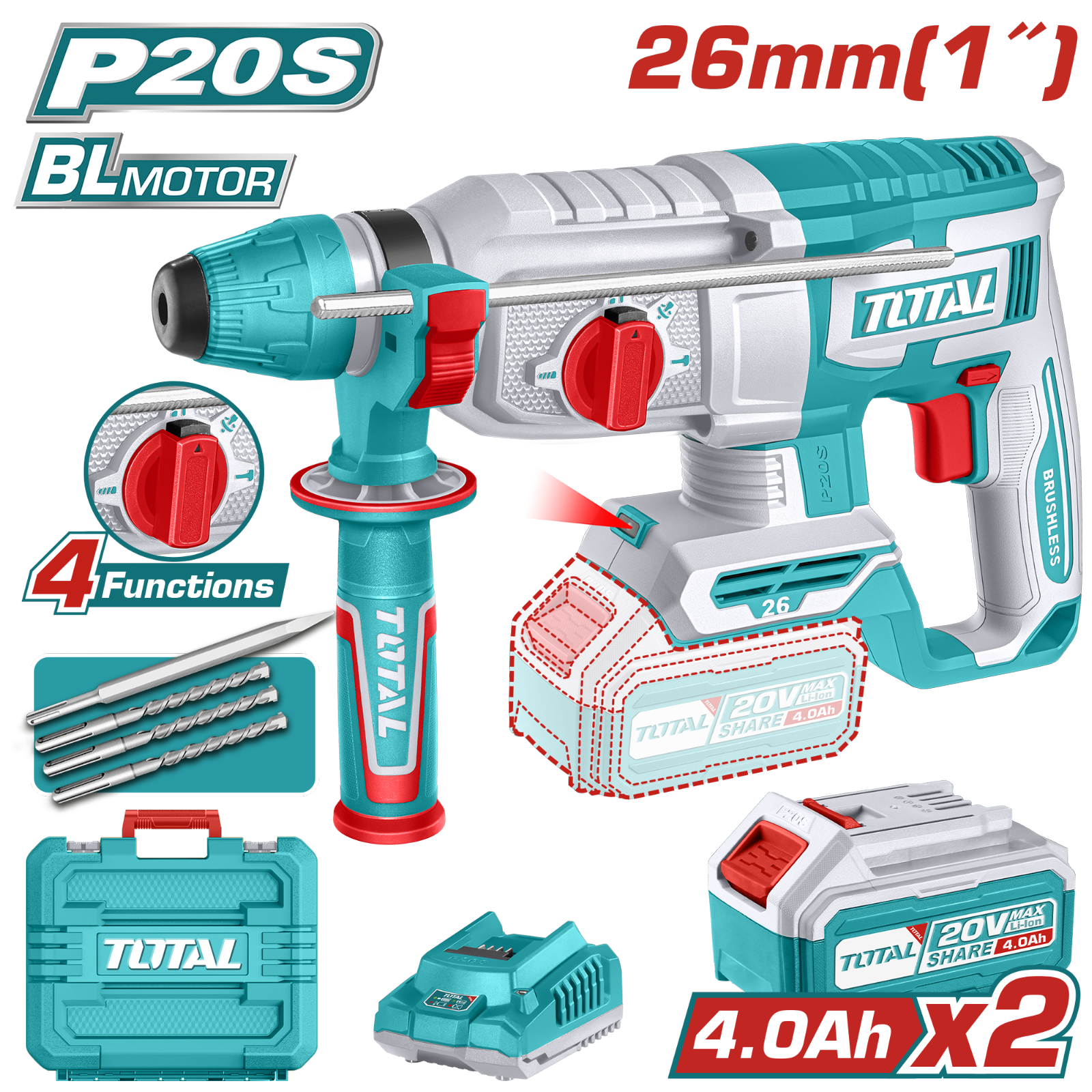 Total Cordless Rotary Hammer 20V 2.5J TRHLI202682