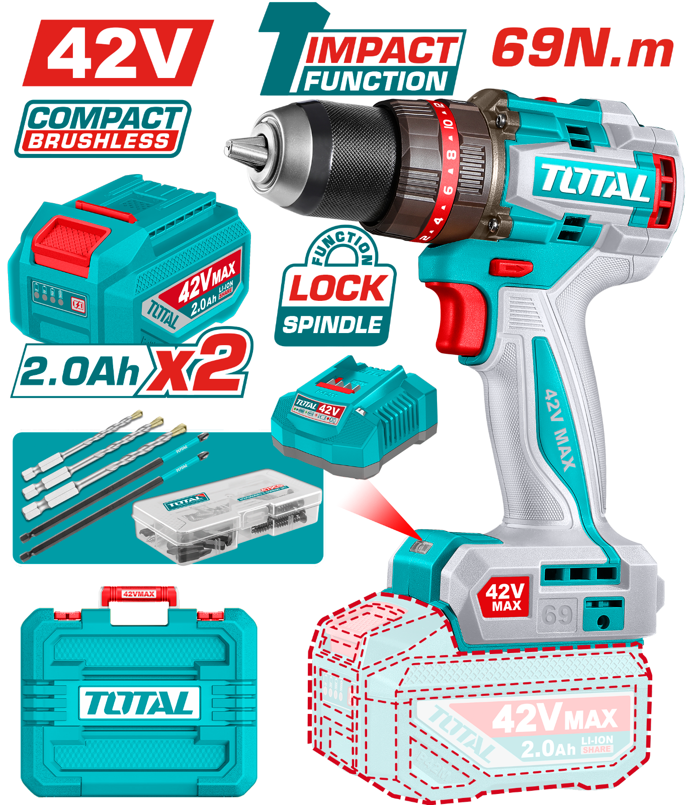 Total Compact Brushless Cordless Impact Drill 42V TIDLI426982