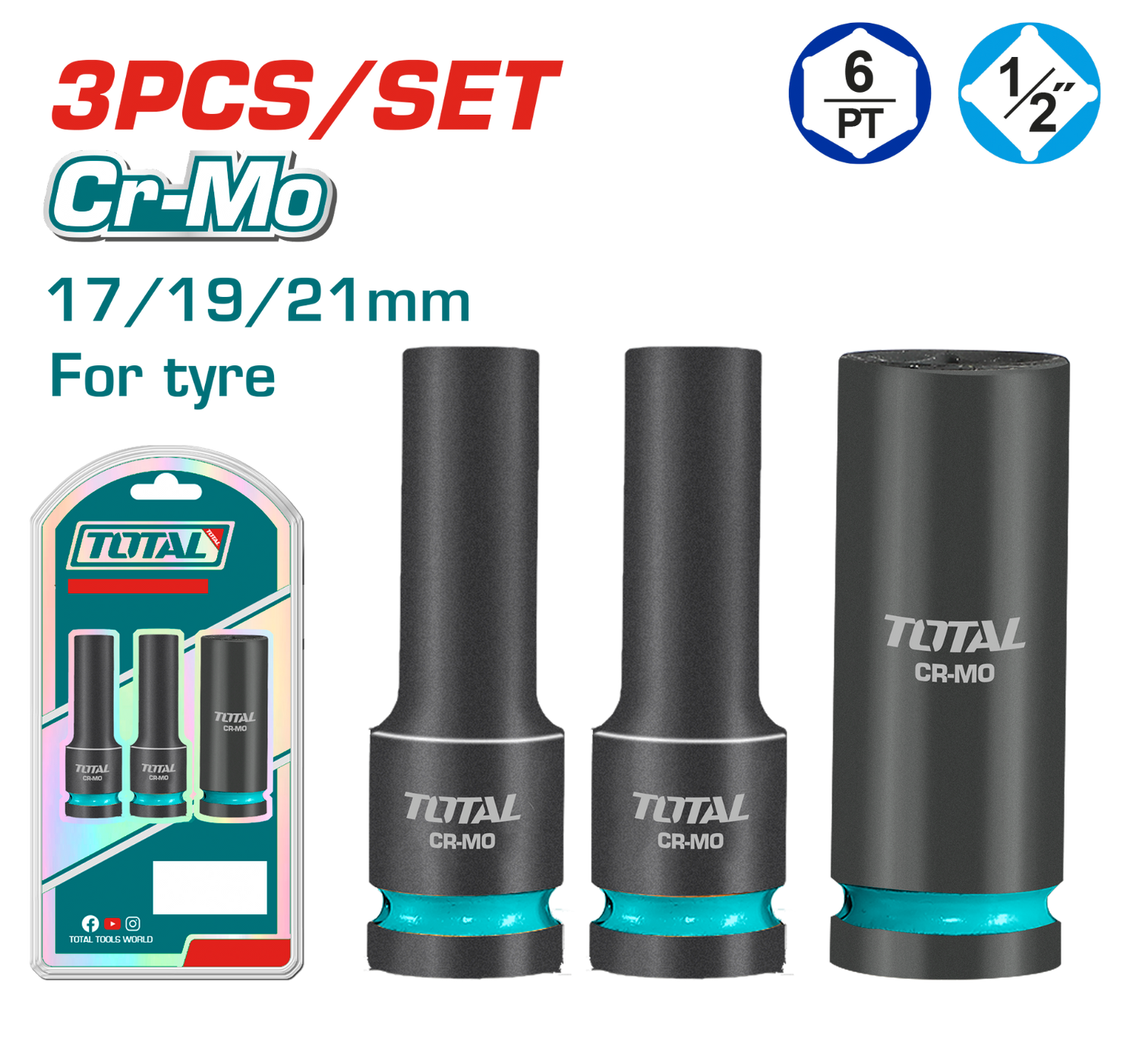 Total 3 Pcs 1/2 inch Dr. Deep Impact Socket Set THKISD12042L