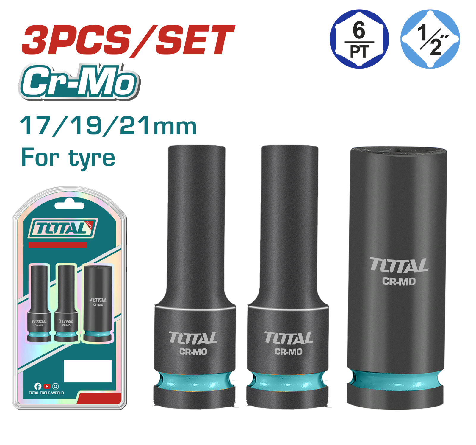 Total 3 Pcs 1/2 inch Dr. Deep Impact Socket Set THKISD12042L