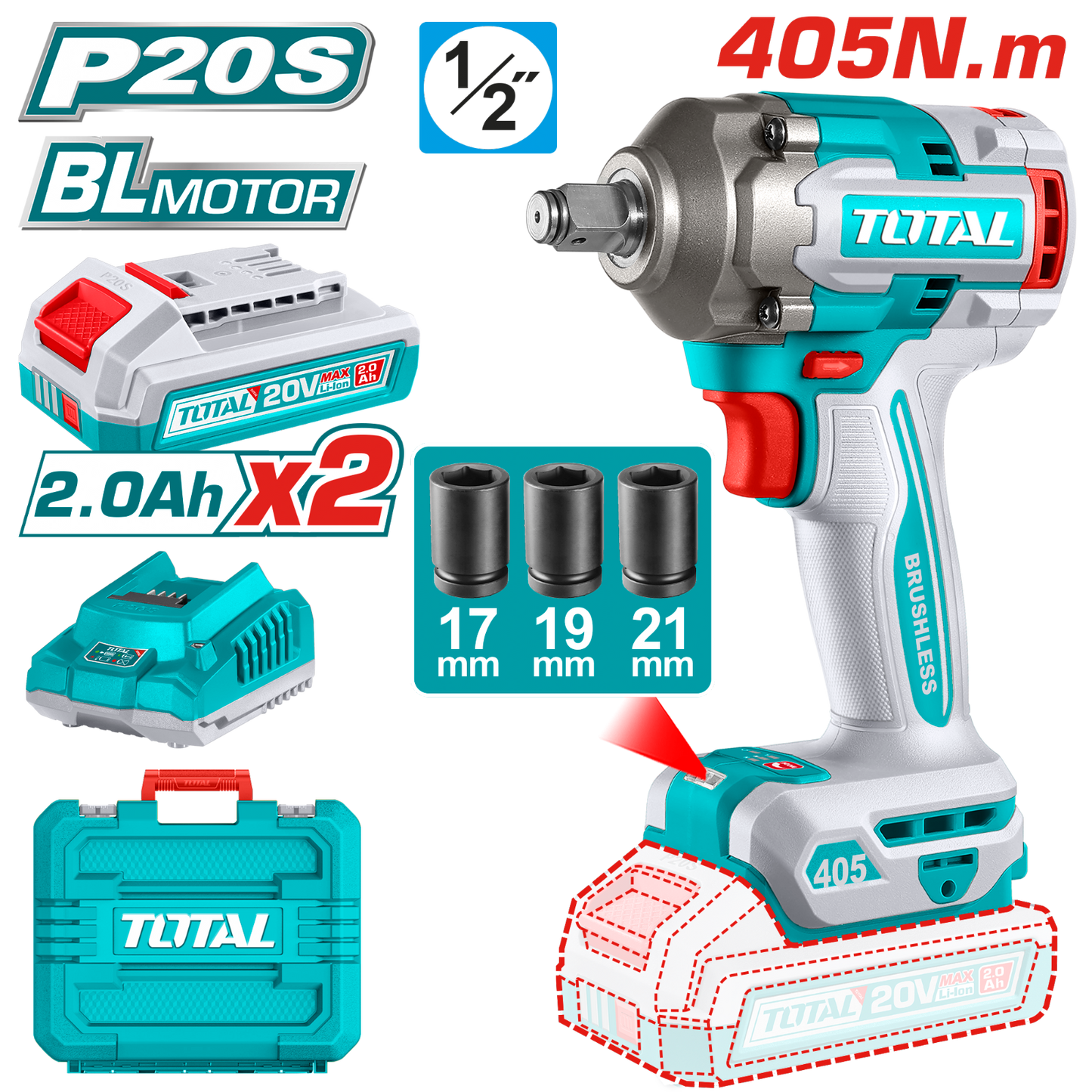 Total Cordless Impact Wrench 20V 1/2 inch 405Nm TIWLI2045