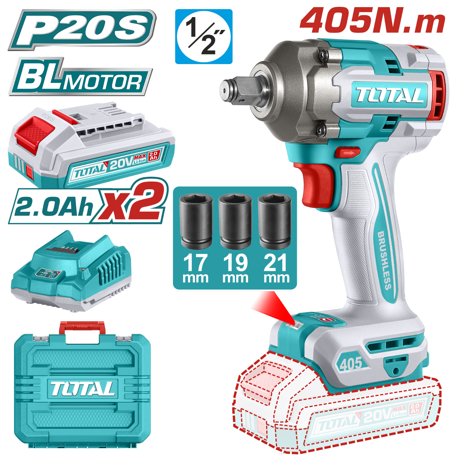 Total Cordless Impact Wrench 20V 1/2 inch 405Nm TIWLI2045