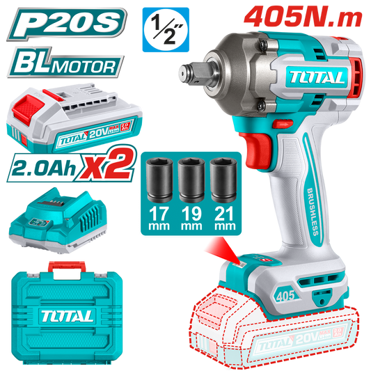 Total Cordless Impact Wrench 20V 1/2 inch 405Nm TIWLI2045