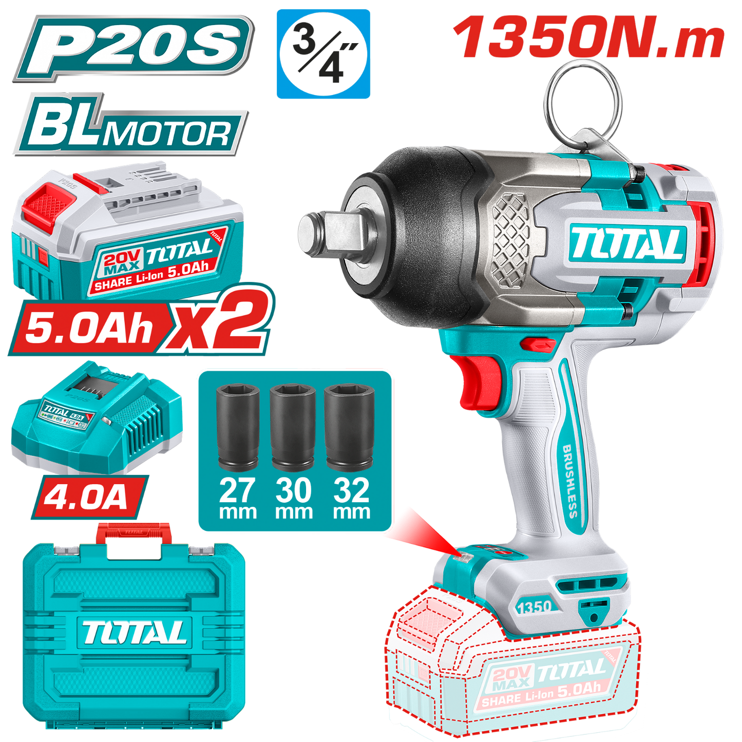 Total Cordless Impact Wrench 20V 3/4 inch 1350Nm TIWLI20135