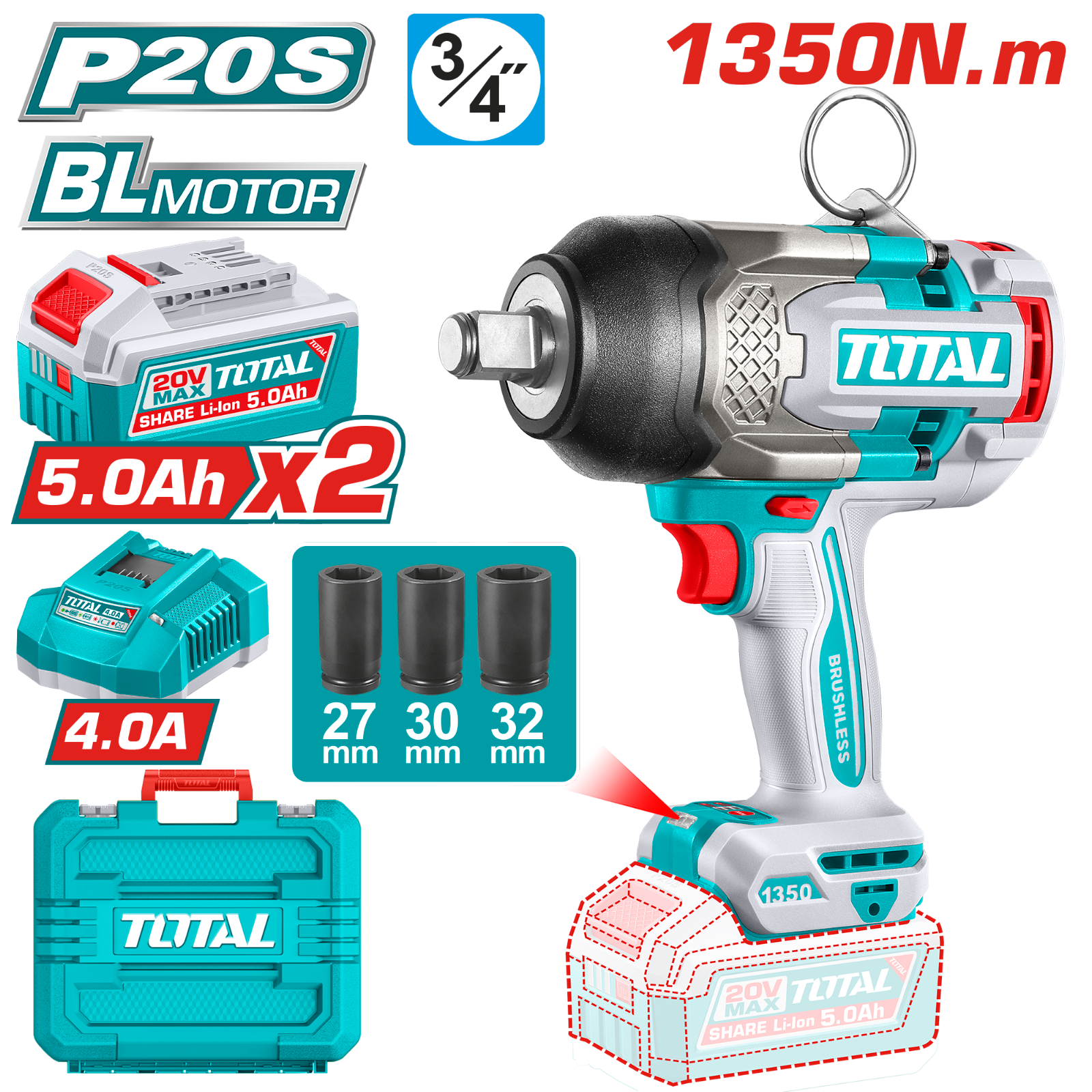 Total Cordless Impact Wrench 20V 3/4 inch 1350Nm TIWLI20135