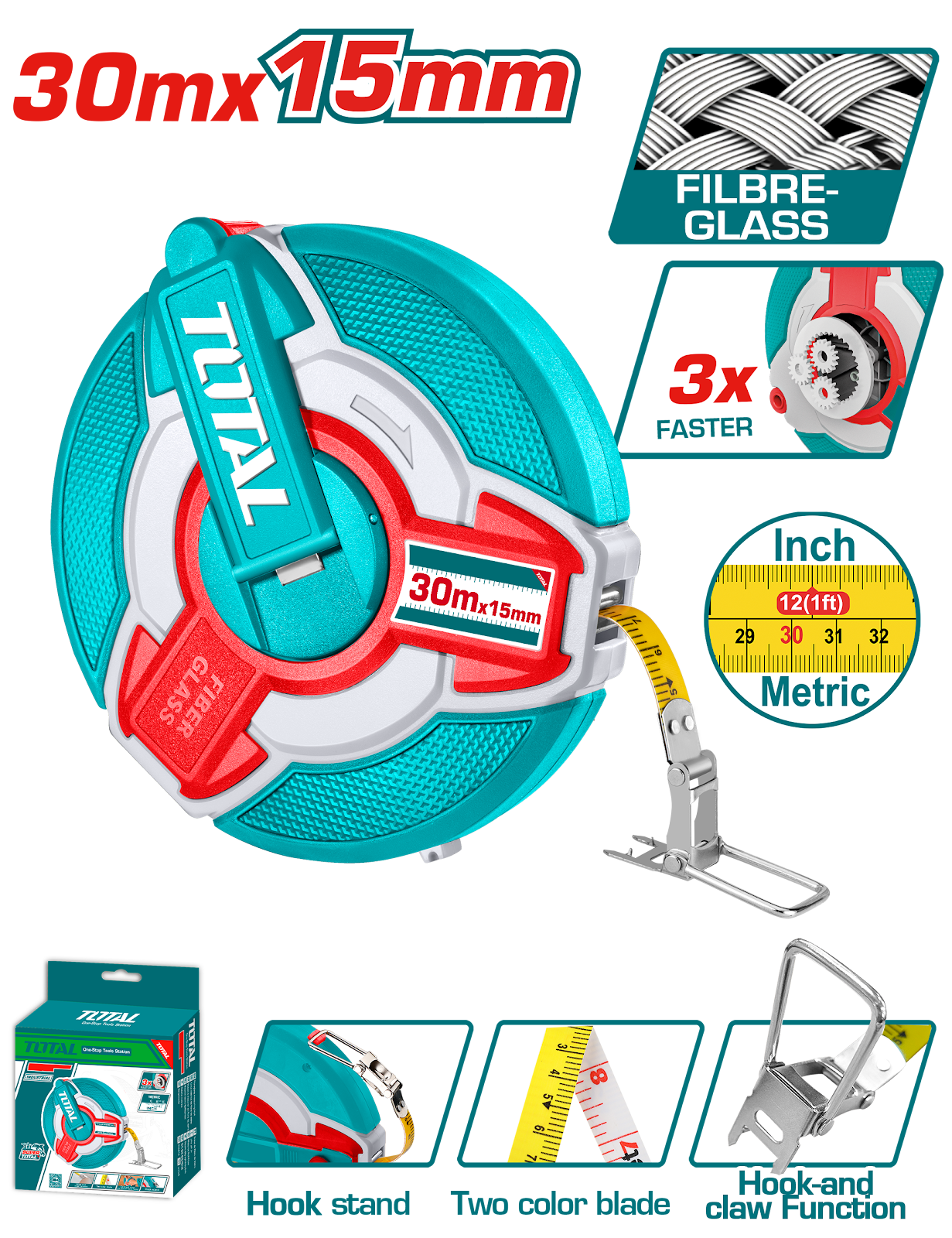 Total Fibreglass Measuring Tape 30m TMTF18306