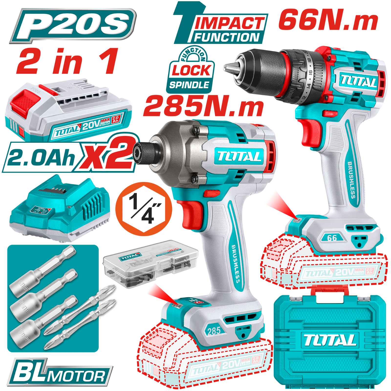 Total Cordless 2 Pcs Combo Kit Impact Driver TCKLI20277