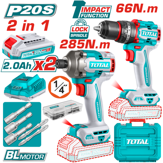 Total Cordless 2 Pcs Combo Kit Impact Driver TCKLI20277