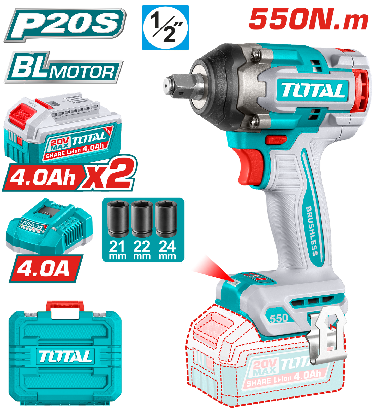 Total Cordless Impact Wrench 20V 1/2 inch 550Nm TIWLI2055