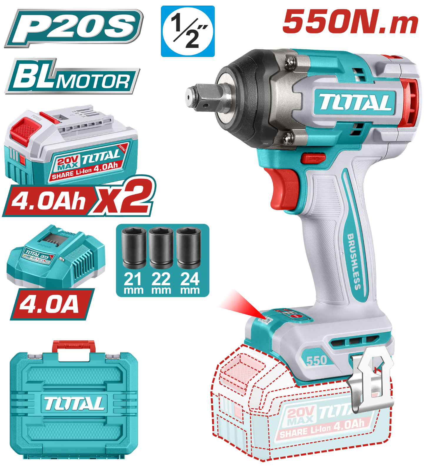 Total Cordless Impact Wrench 20V 1/2 inch 550Nm TIWLI2055
