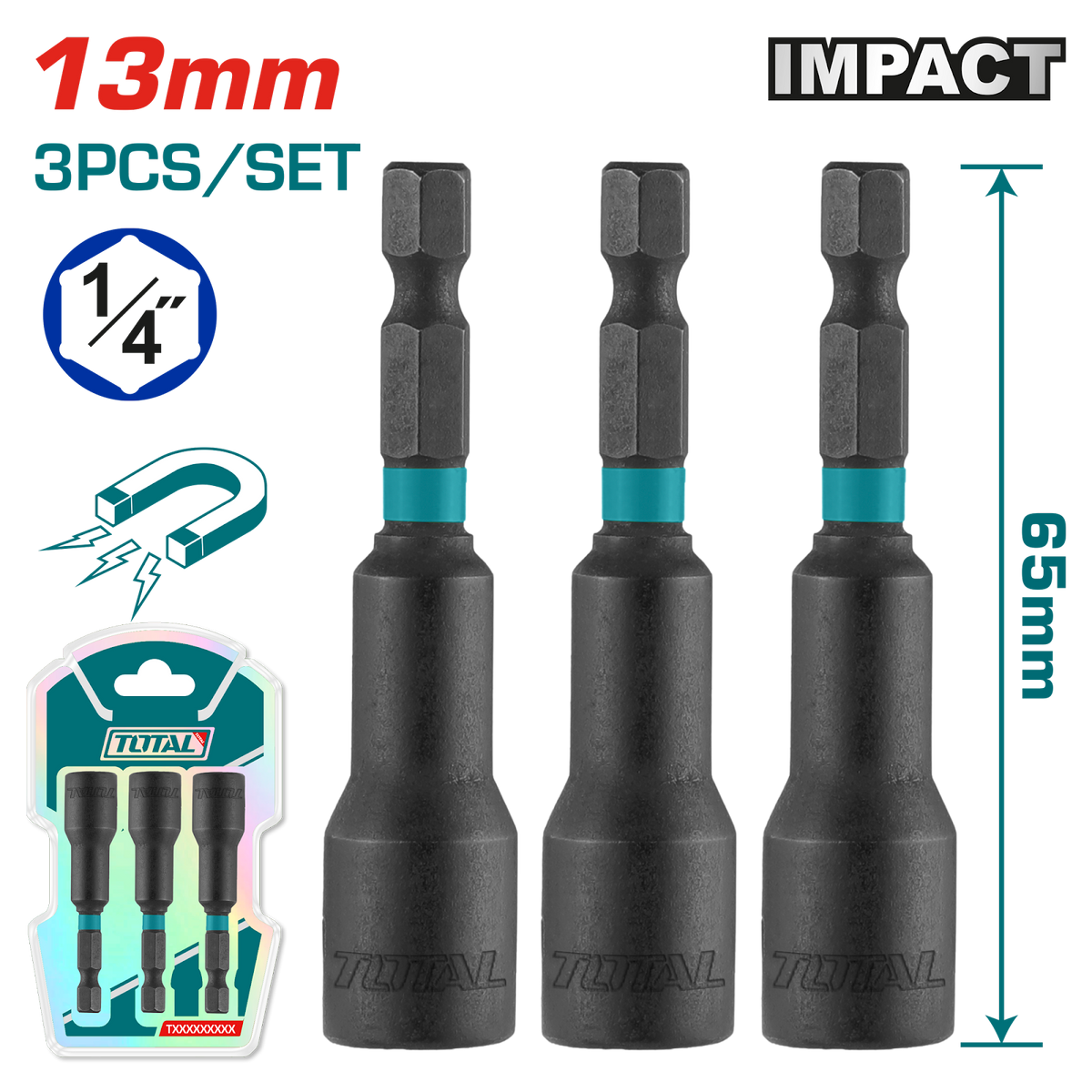 Total 3 Pcs Impact Magnetic Nut Set 13mm (TAC271331)