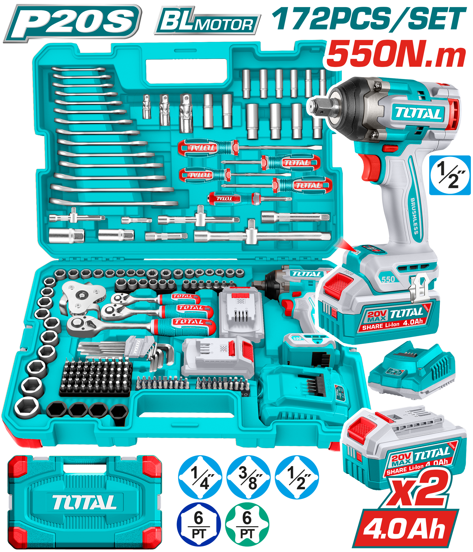 Total 172 Pcs Cordless Impact Wrench Tools Set THKTHP41728