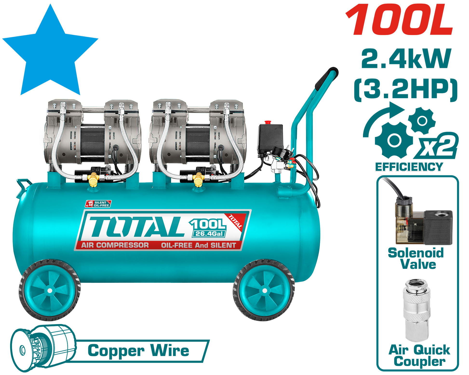 Total Air Compressor 100L Oil Free 3.2HP TCS2241008